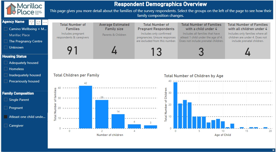 Interactive dashboard showing community needs survey findings across partner organizations